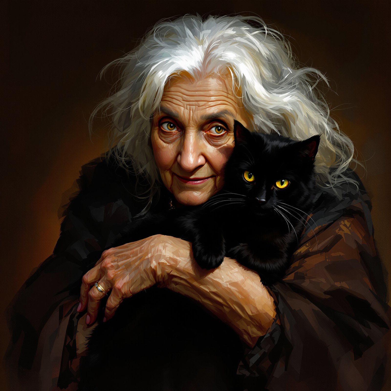 Anciana sabia con gato negro