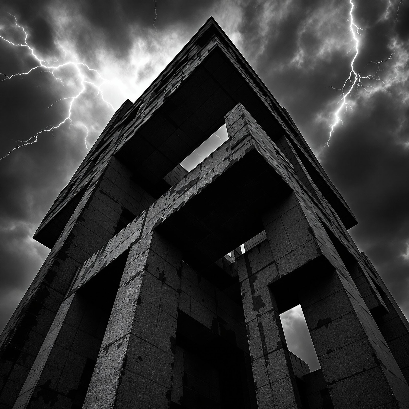 Arquitectura brutalista bajo tormenta