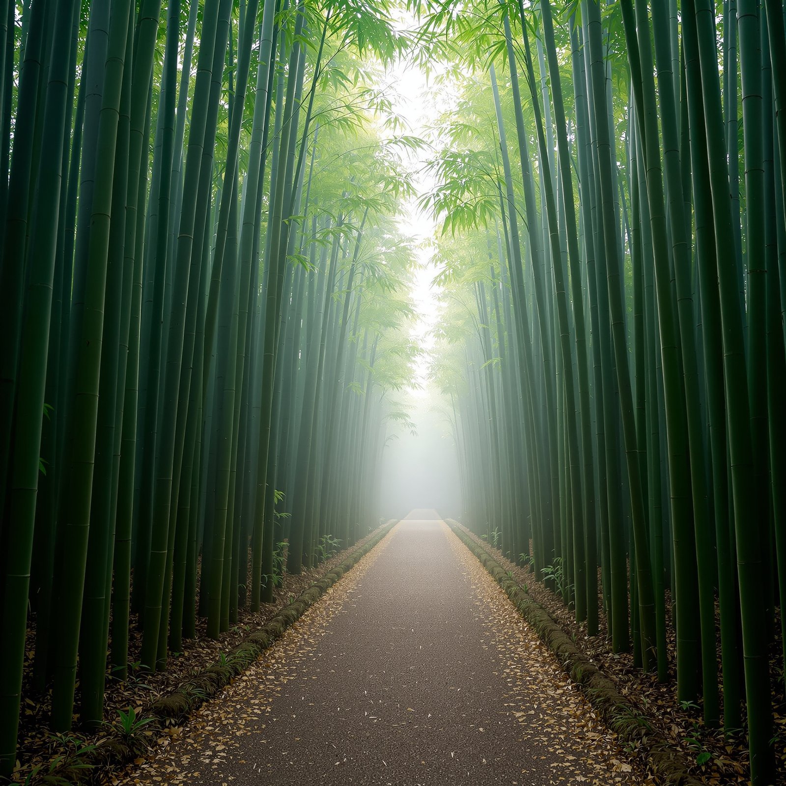 Bosque de bambú en niebla matutina