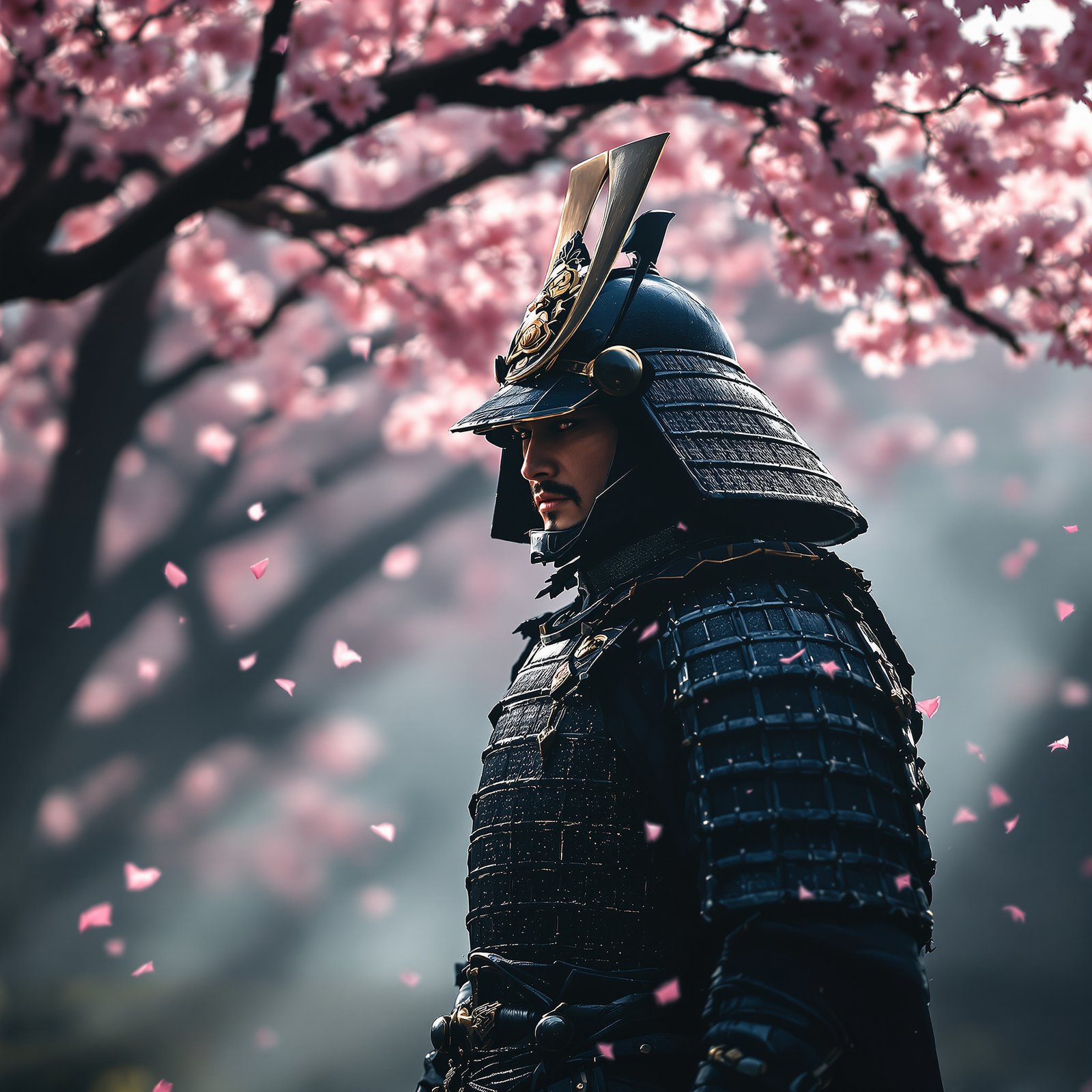 Guerrero samurai bajo flor de cerezo