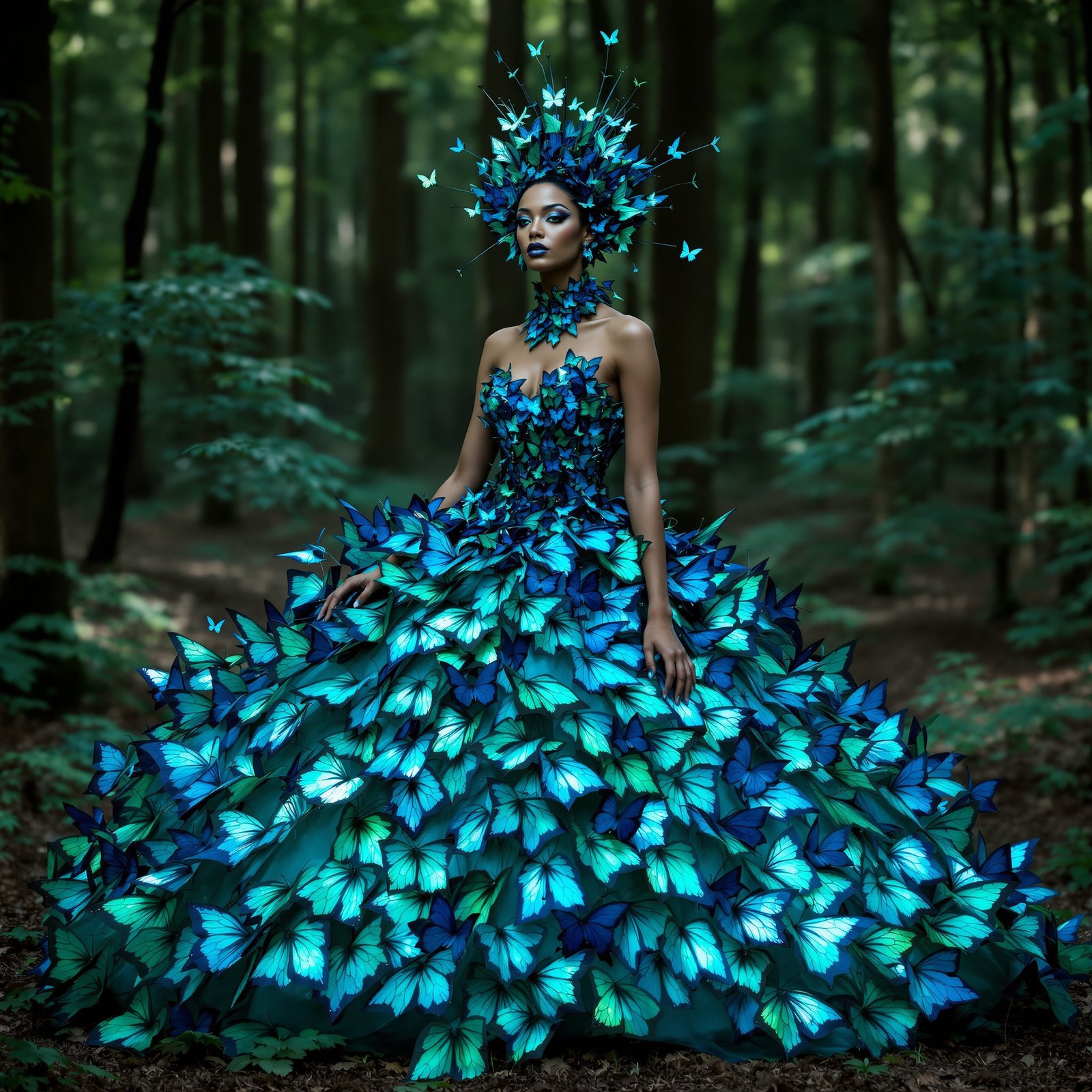 Mujer con vestido de mariposas
