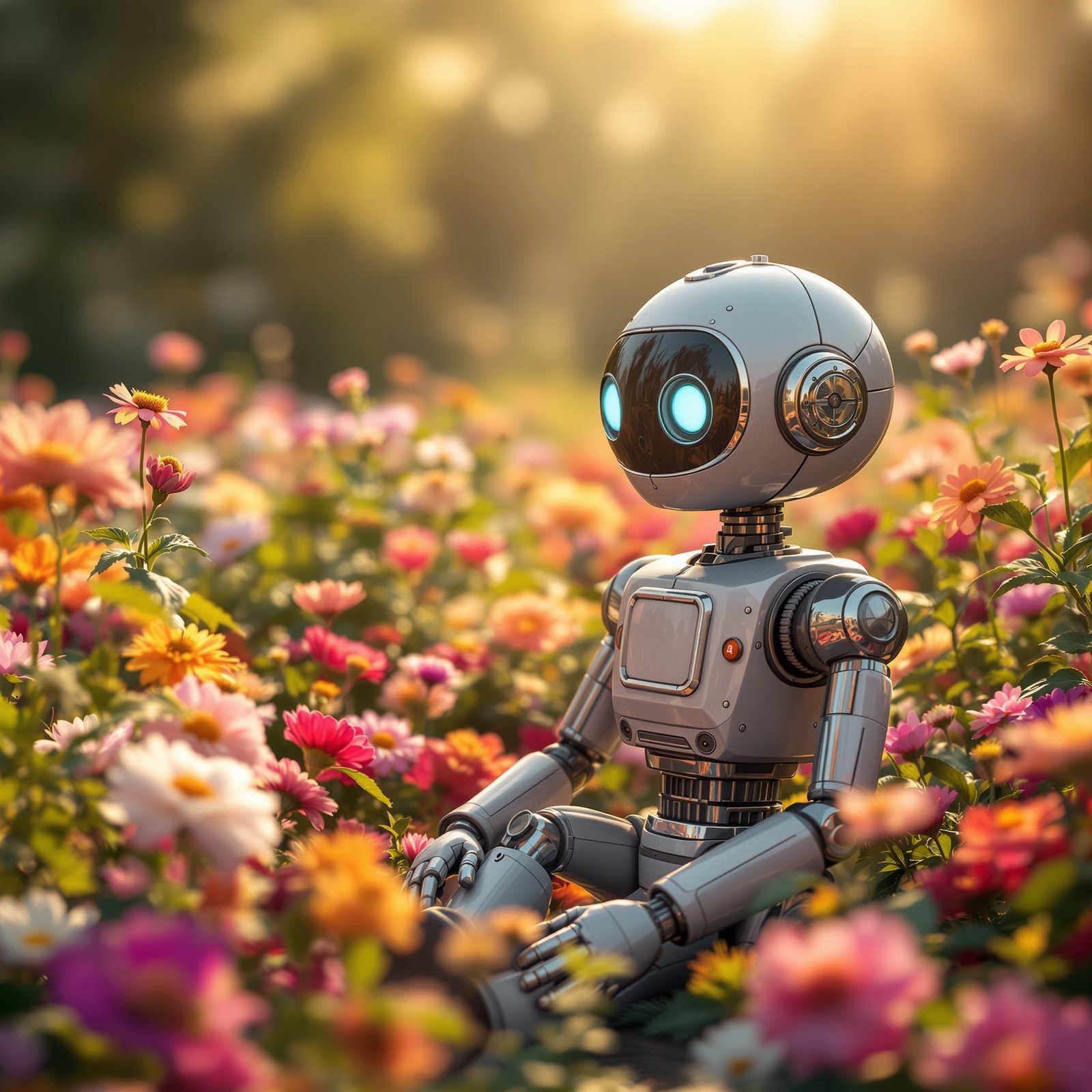 Robot vintage en jardín de flores