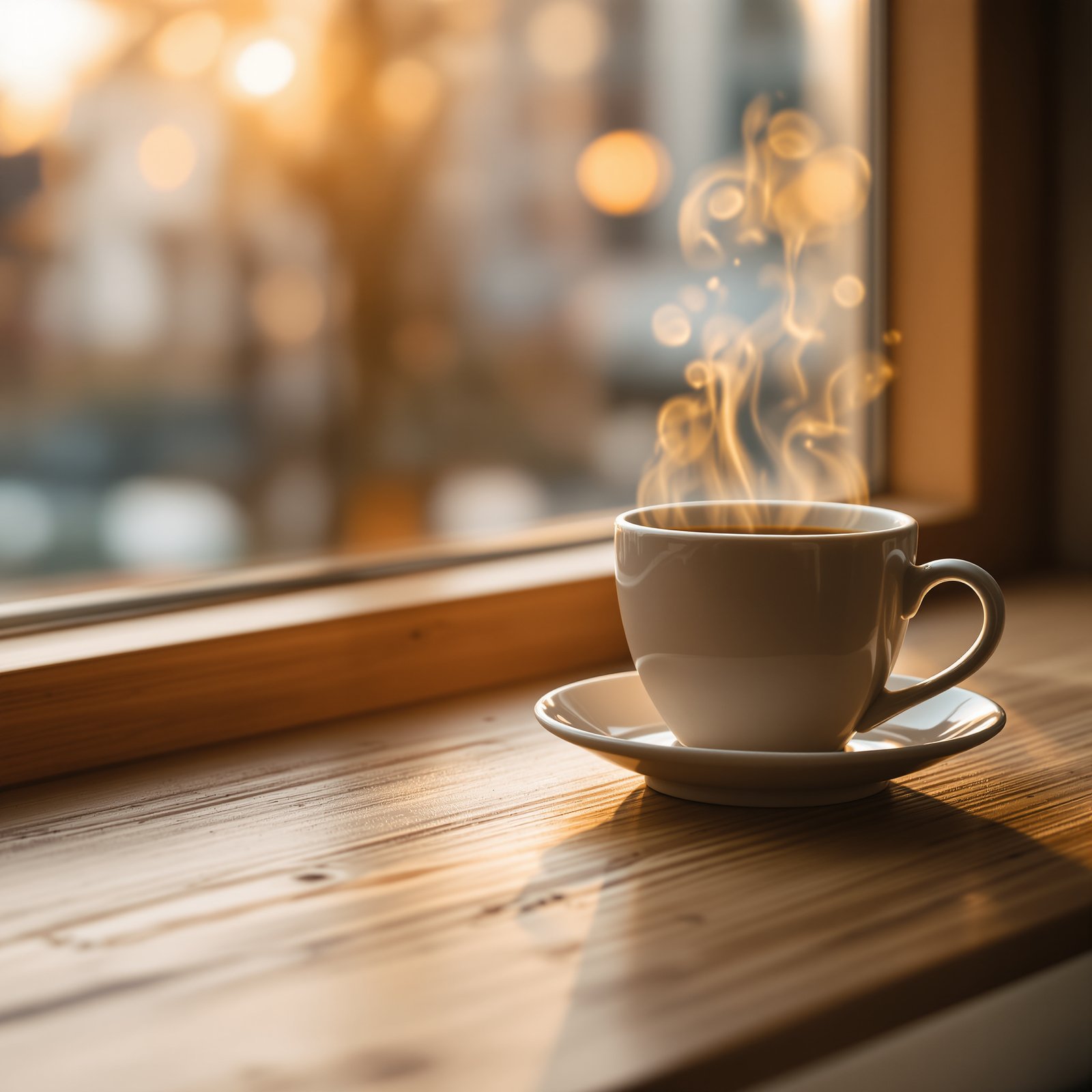 Taza de café humeante al amanecer