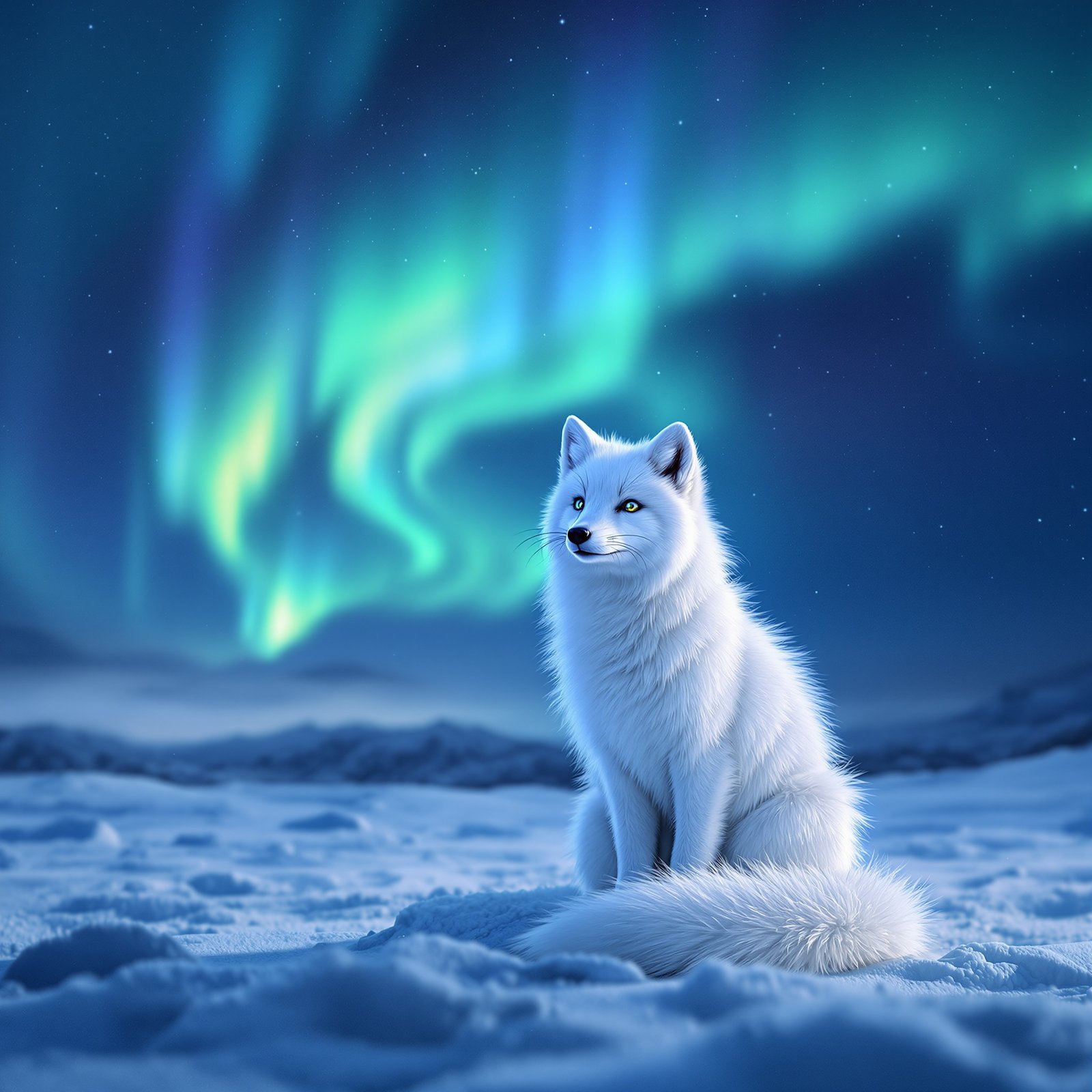 Zorro ártico bajo aurora boreal